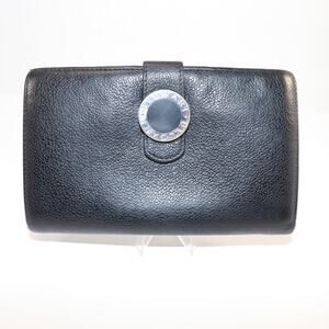 Bvlgari Black Leather Bifold Wallet with Logo Medallion & Red Interior